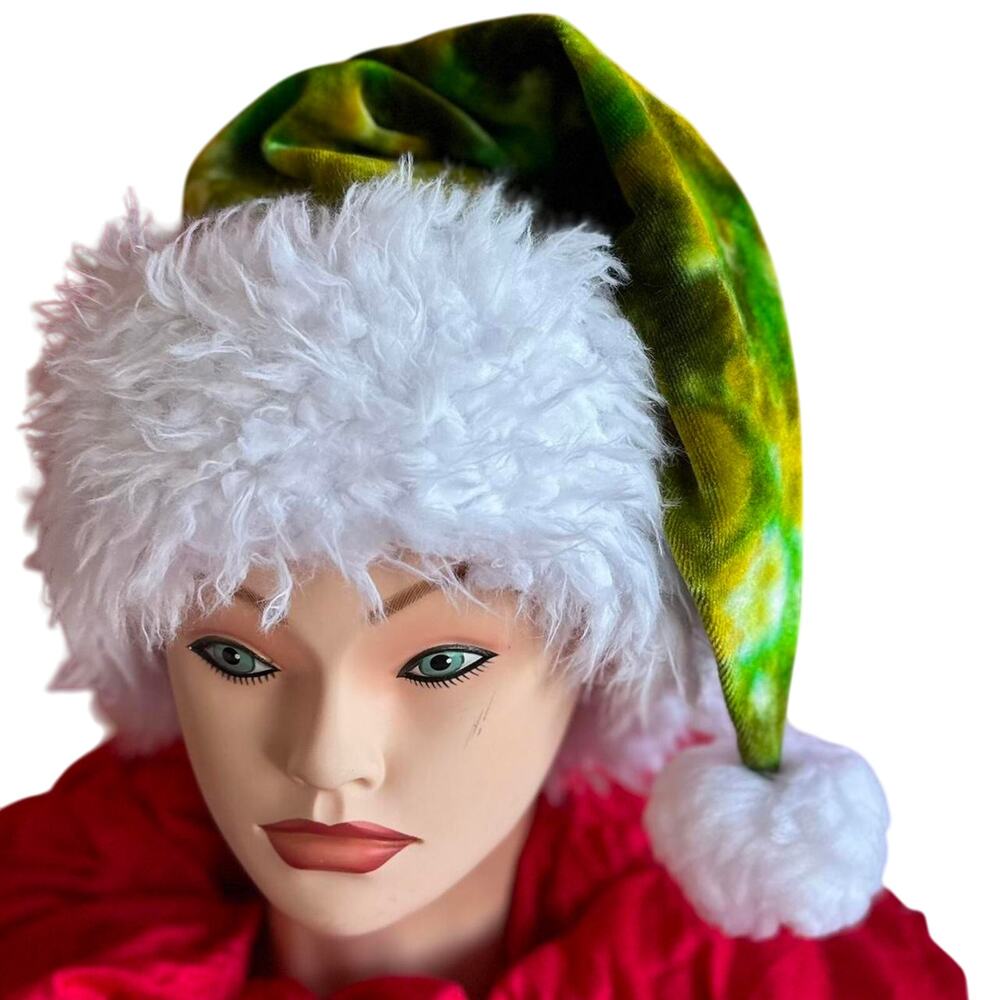 Unisex Santa Hat One Size Handmade Tie Dye Green Grinch Holiday Christmas NEW